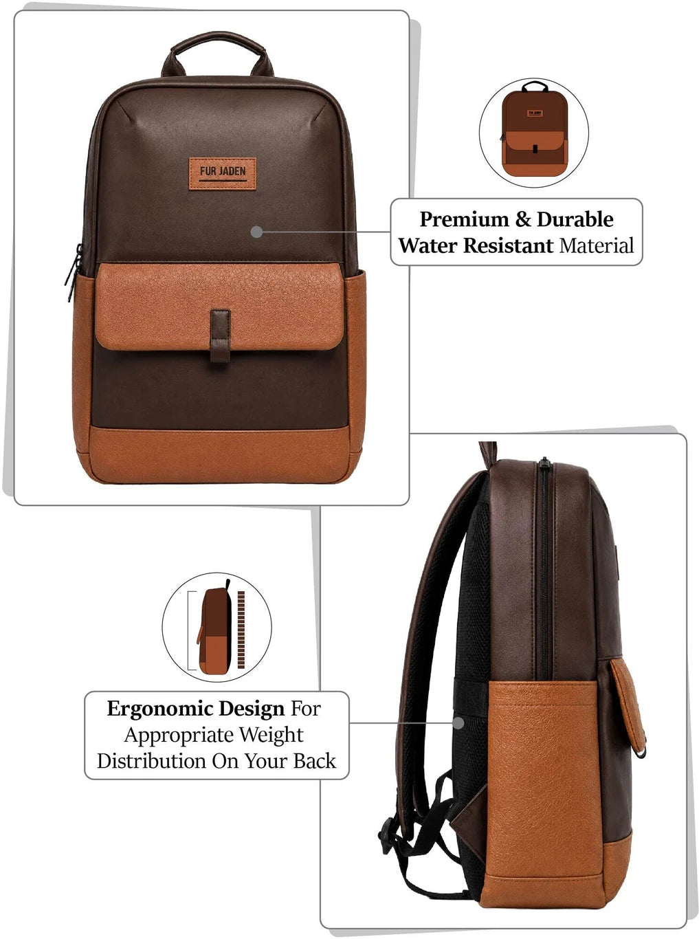 FUR JADEN Medium 25 L Laptop Backpack 15.6 Inch Faux Leather with multiple pocket (Brown)
