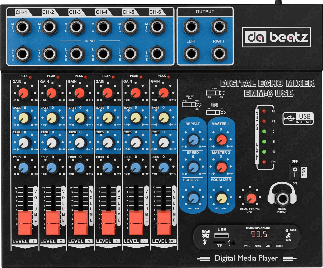 Da.Beatz. Professional 6-Channel mixer EMM-6 Digital Sound Mixer & Audio Interface USB,BT 220 W AV Control Receiver (Black)