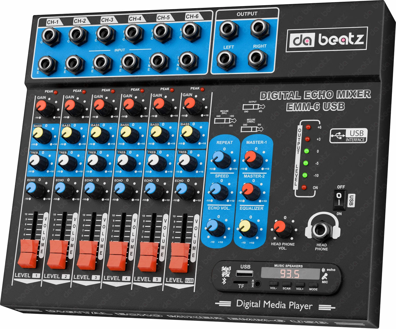 Da.Beatz. Professional 6-Channel mixer EMM-6 Digital Sound Mixer & Audio Interface USB,BT 220 W AV Control Receiver (Black)