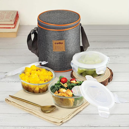 CELLO Royale Round Borosilicate Glass Lunch Box with Jacket, 400ml, Set of 3 | Safety Lock Airtight |Microwave Safe and Leak Proof | Ideal for College, Office