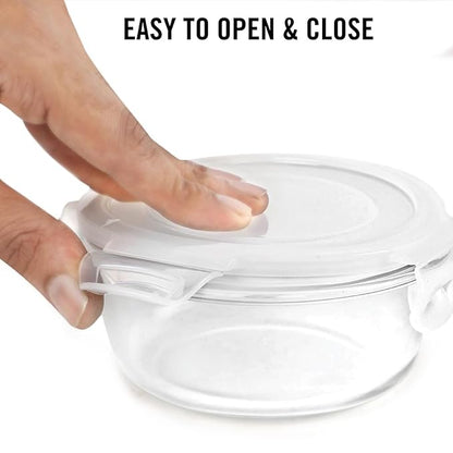 CELLO Royale Round Borosilicate Glass Lunch Box with Jacket, 400ml, Set of 3 | Safety Lock Airtight |Microwave Safe and Leak Proof | Ideal for College, Office