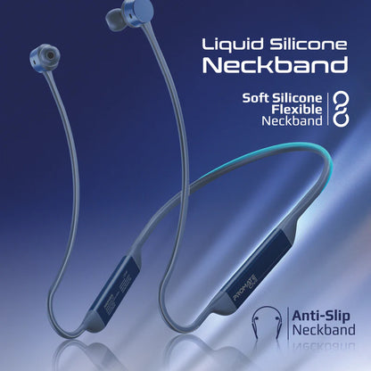 Promate Wireless Neckband Earphones, Hi-Fi Lightweight Wireless Bluetooth Earphones with Anti-Slip Liquid Silicone Neckband, Hall Switch Sensor, 24H Playtime and In-Line Controls, Civil Blue