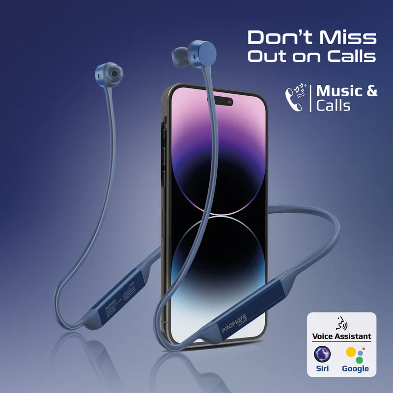 Promate Wireless Neckband Earphones, Hi-Fi Lightweight Wireless Bluetooth Earphones with Anti-Slip Liquid Silicone Neckband, Hall Switch Sensor, 24H Playtime and In-Line Controls, Civil Blue