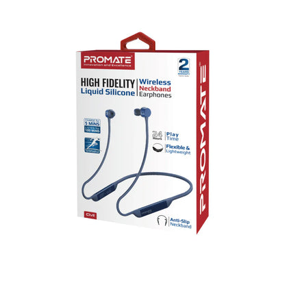Promate Wireless Neckband Earphones, Hi-Fi Lightweight Wireless Bluetooth Earphones with Anti-Slip Liquid Silicone Neckband, Hall Switch Sensor, 24H Playtime and In-Line Controls, Civil Blue