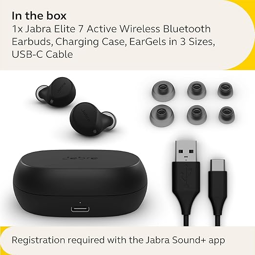 Jabra Elite 7 Active in-Ear Bluetooth Earbuds - True Wireless Sports Ear Buds with Jabra ShakeGrip for The Ultimate Active fit and Adjustable Active Noise Cancellation - Black