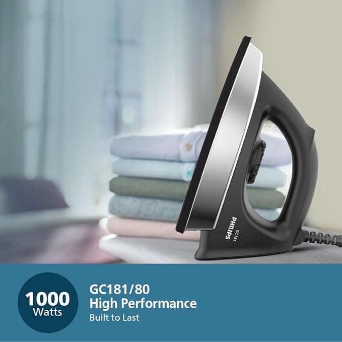PHILIPS Stainless_Steel Heavyweight Dry Iron Gc181/8-1000 Watts Power, Black Non-Stick Soleplate, Ergonomic Grip