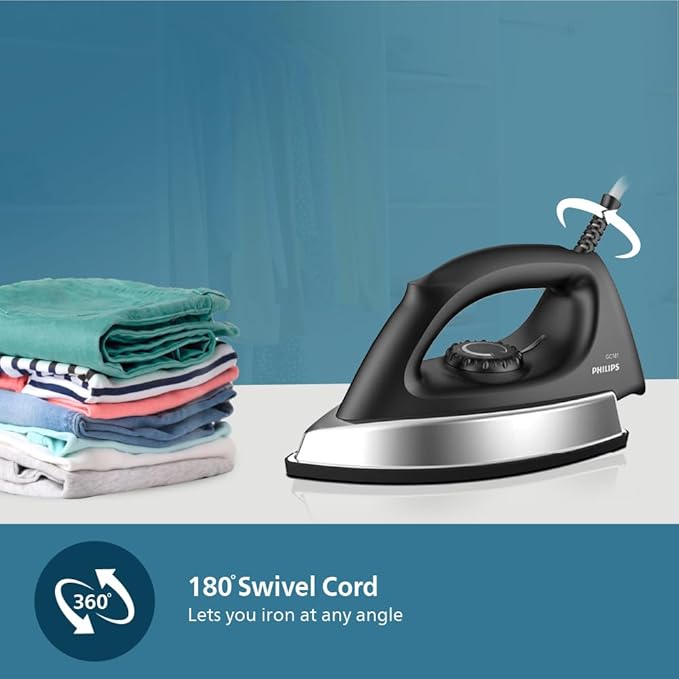 PHILIPS Stainless_Steel Heavyweight Dry Iron Gc181/8-1000 Watts Power, Black Non-Stick Soleplate, Ergonomic Grip