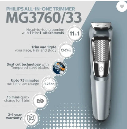 PHILIPS MG3760/33 Trimmer 75 min Runtime 9 Length Settings  (Black)