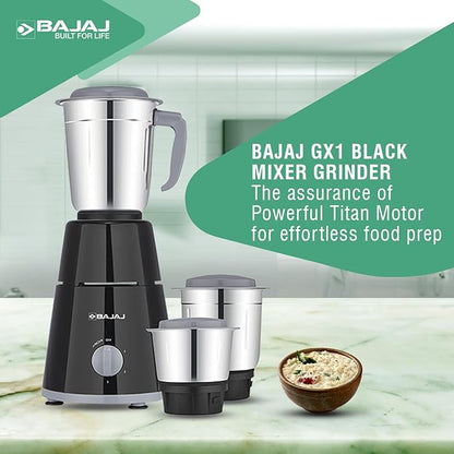 Bajaj GX-1 Mixer Grinder 500W | Superior Mixie For Kitchen | 2-in-1 for Dry Grinding| Blade Function With Titan Motor | 3 Stainless Steel Mixer Jars | 1 Year Product Warranty By Bajaj 【Black】