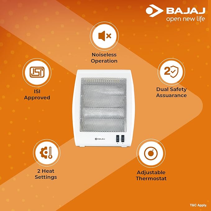 Bajaj RHX-2 Halogen Heater|2 Heat Settings-400W/800 Watts |Noiseless Operation|DuraElement ¢ With 1-Yr Heating Element Warranty by Bajaj|Convection Room Heater For Winter|2-Yr Warranty By Bajaj|White