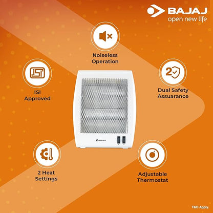 Bajaj RHX-2 Halogen Heater|2 Heat Settings-400W/800 Watts |Noiseless Operation|DuraElement ¢ With 1-Yr Heating Element Warranty by Bajaj|Convection Room Heater For Winter|2-Yr Warranty By Bajaj|White