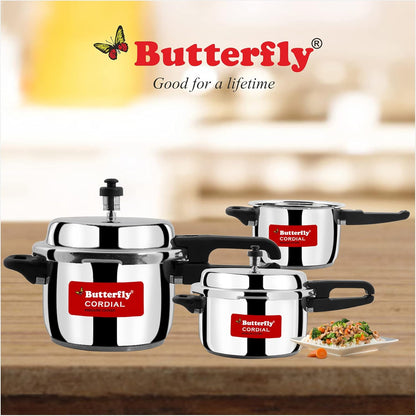 Butterfly Cordial 2, 3 & 5 Litres Outer Lid SS Pressure Cookers | Induction & Gas Stove Compatible | ISI Certified | 2 Years Manufacturer's Warranty | Stainless steel | Silver
