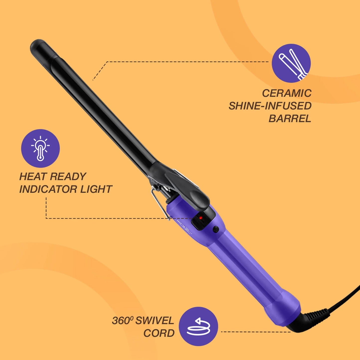 IKONIC Curl Me Up- 19mm Hair Curler Purple with Ceramic Barrel, Heat Ready Indicator, Comfortable Rubber Grip, Safety Stand and Salon Length Swivel Cord for quick Salon like finish