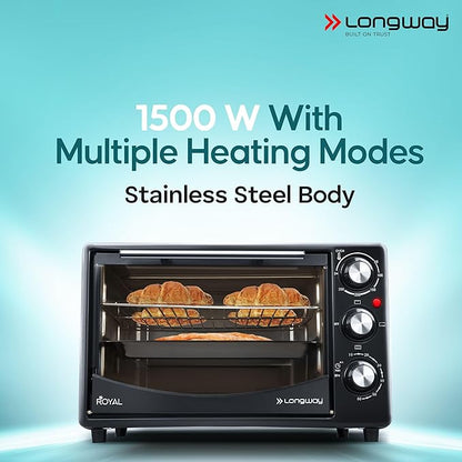 Longway Royal OTG 25 litre Oven Toaster Griller with Heating Modes | Temperature Timer Control for Baking Pizza, Cake, Grilling Chicken & Toasting Bread|1500 W | Black