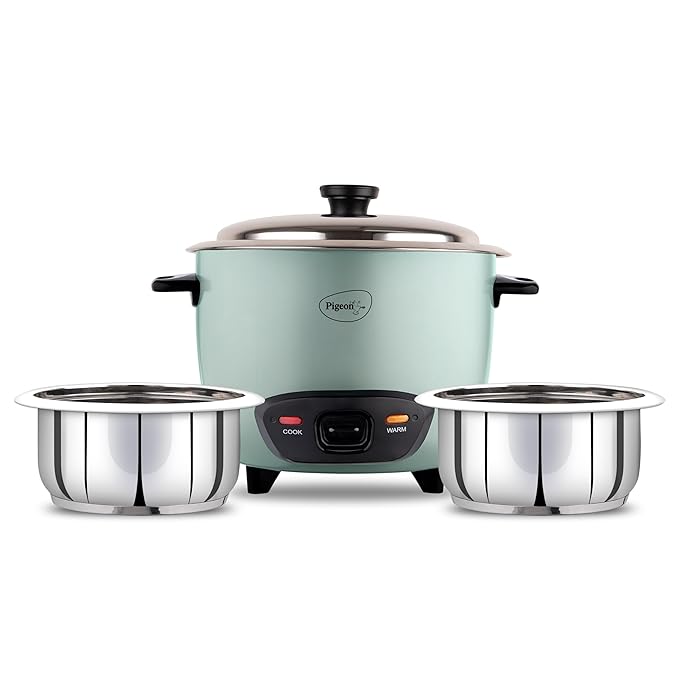 Pigeon Inox Rice Cooker with Double pot, 1.8 litres | Stainless Steel Lid | 700 Watts | 2 Steel Cooking Pot | Measuring Cup | Spatula | Energy Efficient Cooking