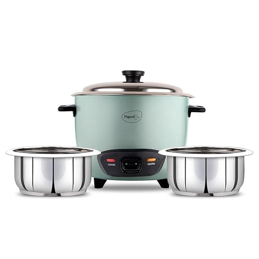 Pigeon Inox Rice Cooker with Double pot, 1.8 litres | Stainless Steel Lid | 700 Watts | 2 Steel Cooking Pot | Measuring Cup | Spatula | Energy Efficient Cooking