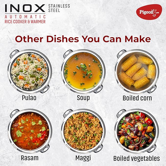 Pigeon Inox Rice Cooker with Double pot, 1.8 litres | Stainless Steel Lid | 700 Watts | 2 Steel Cooking Pot | Measuring Cup | Spatula | Energy Efficient Cooking
