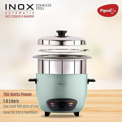 Pigeon Inox Rice Cooker with Double pot, 1.8 litres | Stainless Steel Lid | 700 Watts | 2 Steel Cooking Pot | Measuring Cup | Spatula | Energy Efficient Cooking