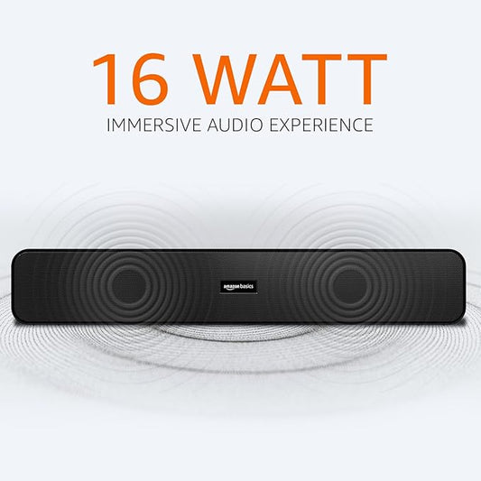 Amazon Basics 16W Bluetooth Soundbar Speaker with 1200mah Battery, BT v5.3, Aux, USB Port for Mobile, PC, Tablets, and Laptops
