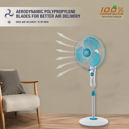 USHA Maxx Air Ultra Pedestal Fan | 400MM Sweep Size | 1350 RPM | Aerodynamic Blade Design for High Air Delivery | Anti - Rust Protection | Copper Motor | Light Blue