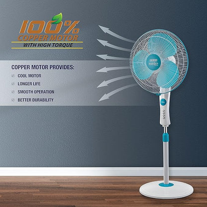 USHA Maxx Air Ultra Pedestal Fan | 400MM Sweep Size | 1350 RPM | Aerodynamic Blade Design for High Air Delivery | Anti - Rust Protection | Copper Motor | Light Blue