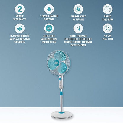 USHA Maxx Air Ultra Pedestal Fan | 400MM Sweep Size | 1350 RPM | Aerodynamic Blade Design for High Air Delivery | Anti - Rust Protection | Copper Motor | Light Blue