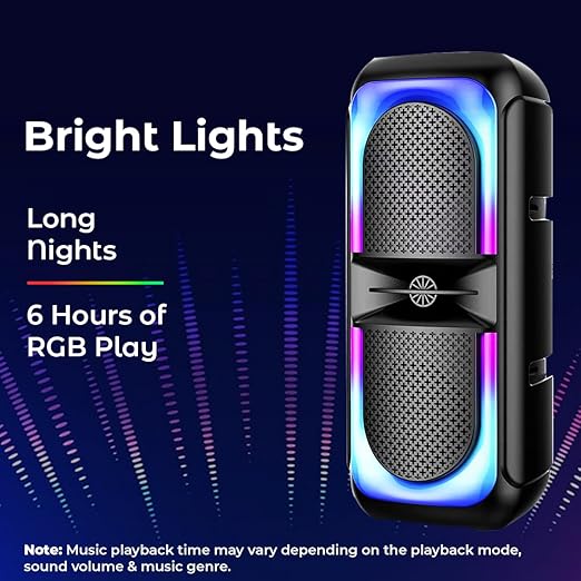 pTron Fusion Beats 40W Karaoke Bluetooth Party Speaker with Loud & Clear Stereo Sound, Vivid RGB Lights, 3 mtr Wired Mic, BT/USB/SD Card Playback, Portable Speaker & Type C Fast Charging (Royal Black)