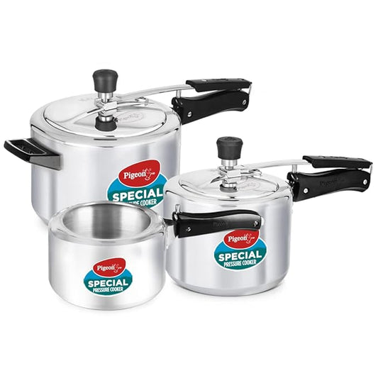 Pigeon by Stovekraft 2+3+5 Litre Combo Special Aluminium Inner Lid Induction Base Pressure Cooker (Silver) BIS Certified,Common lid for 2+3L