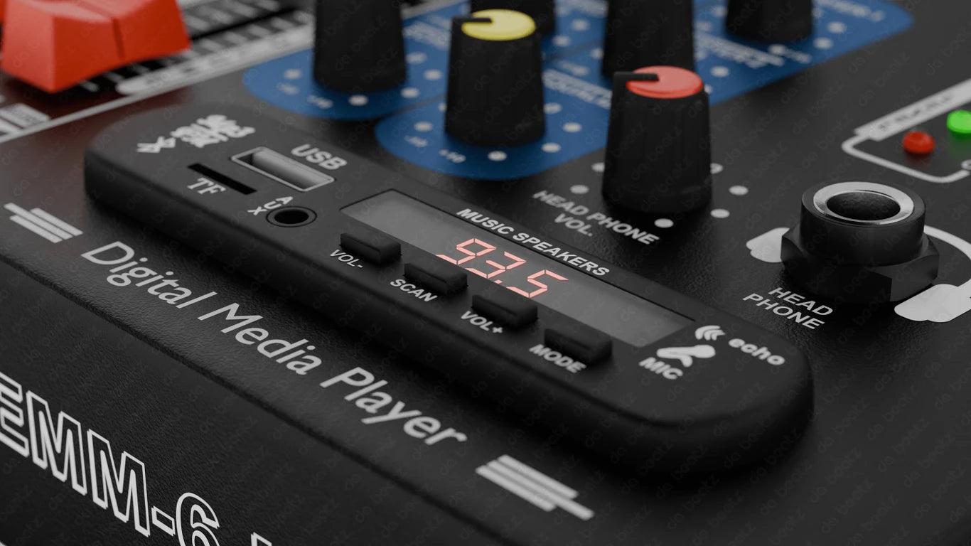 Da.Beatz. Professional 6-Channel mixer EMM-6 Digital Sound Mixer & Audio Interface USB,BT 220 W AV Control Receiver (Black)