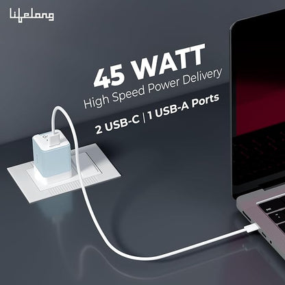 Lifelong Electronics 45W Super Fast GaN Charger PD Technology | 1 USB A + 1 Type C Port | iPhone 17/16/15/14 (Including Pro Max), Android, Samsung | Laptops - MacBook, Dell, HP, Lenovo, Acer, ASUS