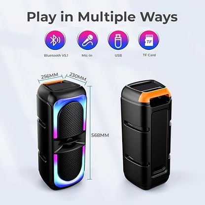 pTron Fusion Beats 40W Karaoke Bluetooth Party Speaker with Loud & Clear Stereo Sound, Vivid RGB Lights, 3 mtr Wired Mic, BT/USB/SD Card Playback, Portable Speaker & Type C Fast Charging (Royal Black)