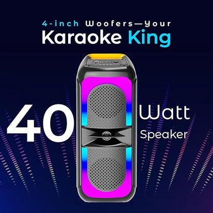 pTron Fusion Beats 40W Karaoke Bluetooth Party Speaker with Loud & Clear Stereo Sound, Vivid RGB Lights, 3 mtr Wired Mic, BT/USB/SD Card Playback, Portable Speaker & Type C Fast Charging (Royal Black)
