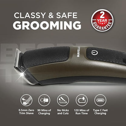 Havells Electric Beard Trimmer | Ipx7 Fully Washable | 120 Minutes Runtime | Upto 13Mm Length Settings | Cord & Cordless Use | 2 Years Guarantee | Brown | Bt5115 - Men