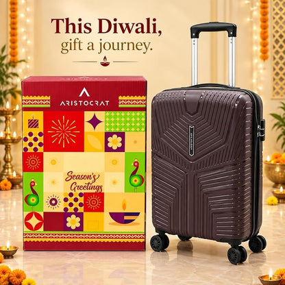 Aristocrat Hard Shell Trolley Bag with Festive Gift Box, Brown Travel Suitcase with Telescopic Handle