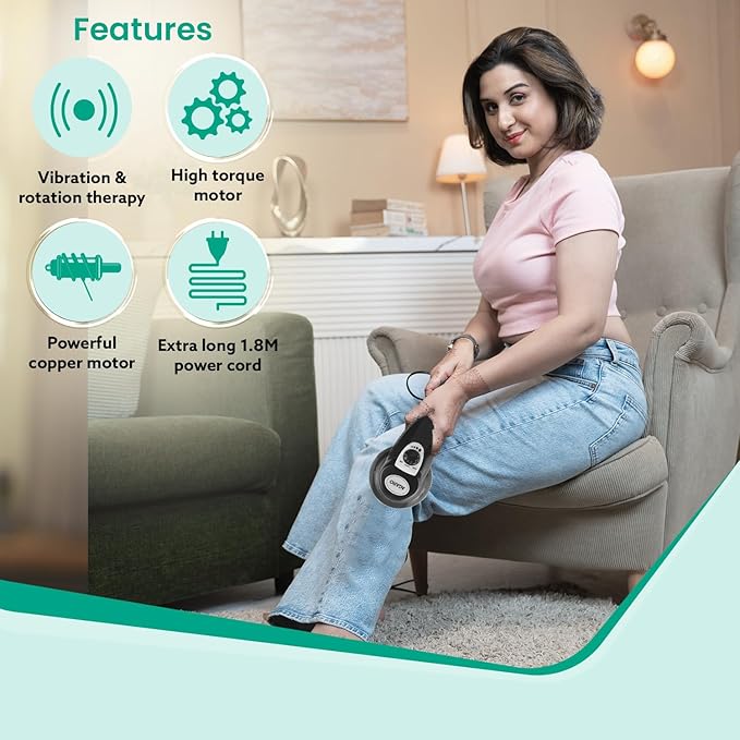 AGARO Atom Electric Handheld Full Body Massager with 3 Massage Heads, Mesh Cover, Variable Speed Settings for Pain Relief and Relaxation, Back, Arms, Leg & Foot, Black.