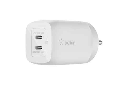 Belkin 65W (45W+20W) Two Ports USB -C GaN Charger | Fast Charging PD | GaN Technology for iPhone Series (16, 16 Pro Max), iPad Pro 12.9, MacBook, Samsung Galaxy S24, & More | 2 Years Warranty