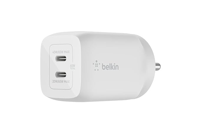 Belkin 65W (45W+20W) Two Ports USB -C GaN Charger | Fast Charging PD | GaN Technology for iPhone Series (16, 16 Pro Max), iPad Pro 12.9, MacBook, Samsung Galaxy S24, & More | 2 Years Warranty