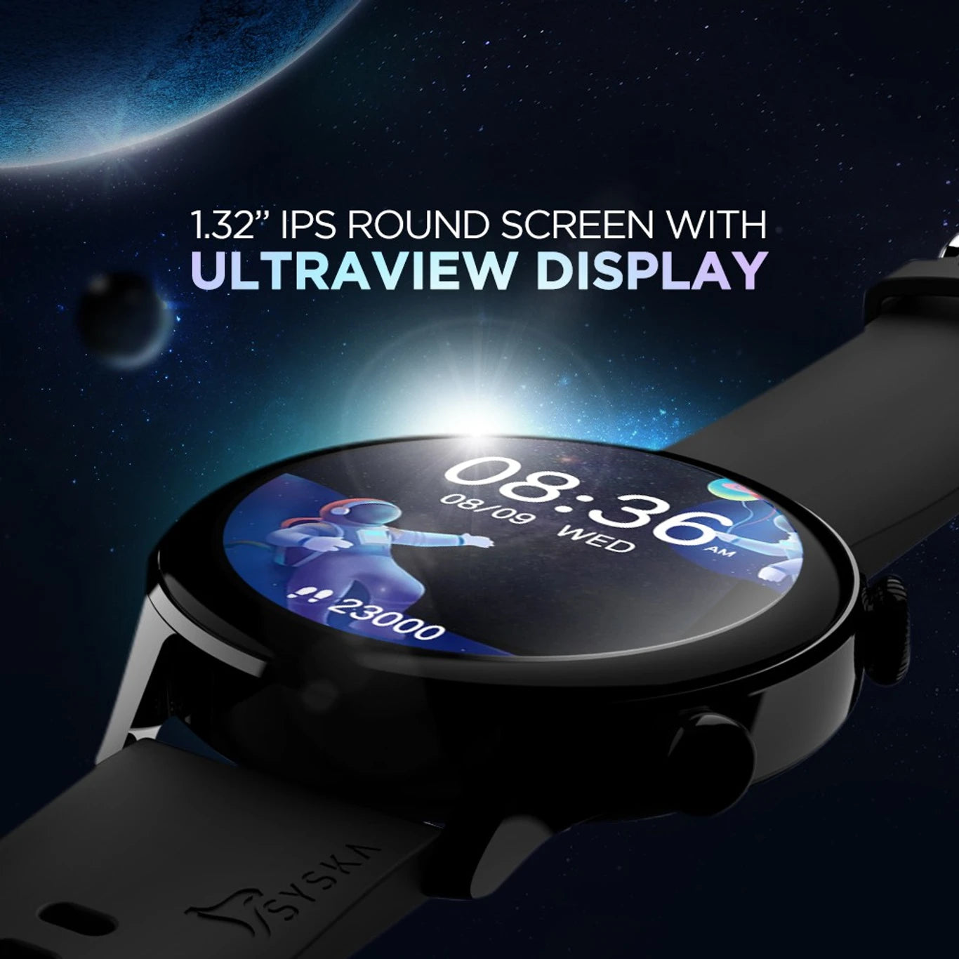 Syska Polar, 1.32 IPS Display, BT Calling with In Built Memory for Offline Songs Smartwatch (Black Strap, Free Size)