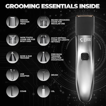 Beardo Chrome Beast Multipurpose Full Body Groomer Trimmer Set For Men | 40 Length Settings | 8 attachments | Beard/Hair/Body/Precision/Ear/Nose Trimmer|With Dock|90 min. run time | All-in-1 trimmer | Gift For Brother | Gift For Friends