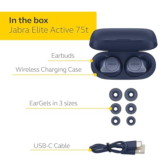 Jabra Elite Active 75t Bluetooth Truly Wireless in Ear Earbuds with Mic- Active Noise Cancelling Sports with Long Battery Life Sports for Calls and Music - Navy