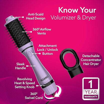 AGARO HV2179 Lite 2 in 1 Hair Volumizer Brush,Hair Dryer for Women,1200 Watts,Ceramic Coated Surface, 360° Air Flow Vents,Hot Air Blow Brush,All-in-one Hair Dryer Straightener Combo(Black & Purple)
