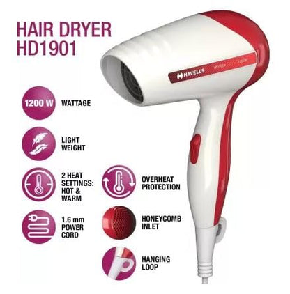 HAVELLS HD1901 Hair Dryer  (1200 W, White & Red)