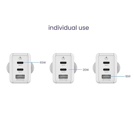 Stuffcool Nova 65W Gan Charger Made in India 3 Ports Supports Samsung PPS USB Super Fast Charging 2.0, Compatible with Macbooks Laptops iPhones Ipads, Samsungs, Pixels, White