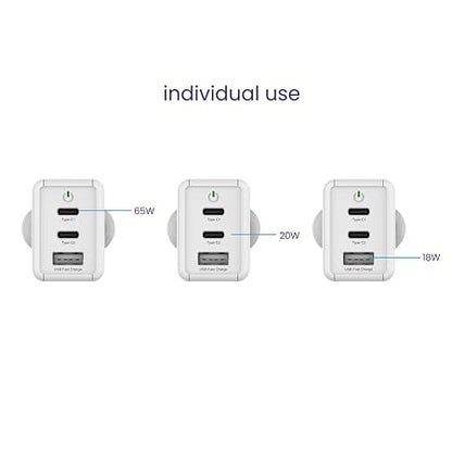 Stuffcool Nova 65W Gan Charger Made in India 3 Ports Supports Samsung PPS USB Super Fast Charging 2.0, Compatible with Macbooks Laptops iPhones Ipads, Samsungs, Pixels, White