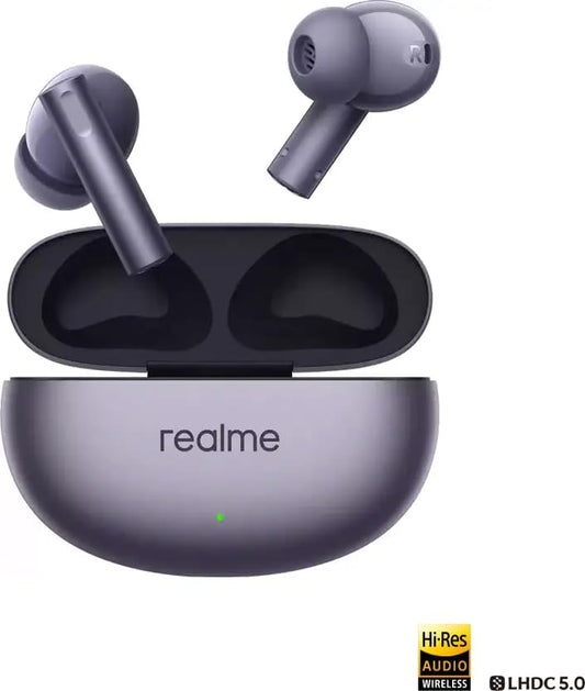 Real Me Air 6 Buds | 50dB Active Noise Cancellation, Hi-Res LHDC Audio, 12.4mm Dynamic Bass Driver, 6 Mic Clear Voice Calls, 51,IP55 Waterproof,TWS for Apple & Android (Air 6, Royal Violet)