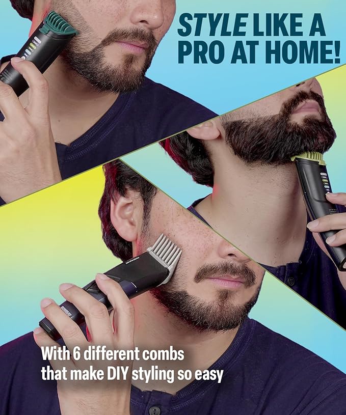 Bombay Shaving Company Power Play NXT Trimmer, 9 Weeks of trimming, 90 mins run time with Type C, 6 comb attachments, Self sharpening blades | Trimmer for Men