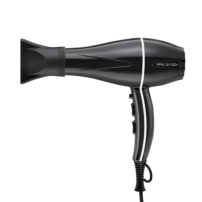 Ikonic Pro 2100+ Hair Dryer 2000W, Black, 3 heat and 2 speed settings, Cool Shot, Low Noise Function Interchangeable Nozzles, Professional Styling, For Women and Men, All Hair Type