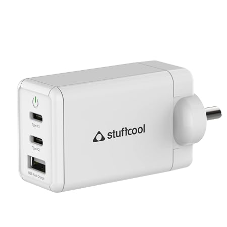 Stuffcool Nova 65W Gan Charger Made in India 3 Ports Supports Samsung PPS USB Super Fast Charging 2.0, Compatible with Macbooks Laptops iPhones Ipads, Samsungs, Pixels, White