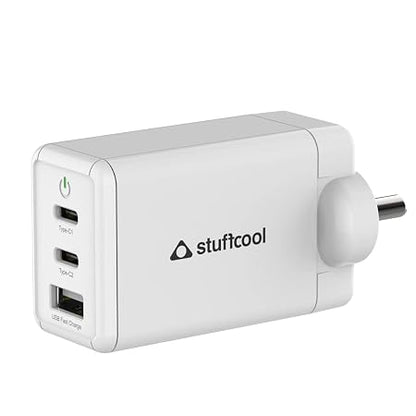 Stuffcool Nova 65W Gan Charger Made in India 3 Ports Supports Samsung PPS USB Super Fast Charging 2.0, Compatible with Macbooks Laptops iPhones Ipads, Samsungs, Pixels, White