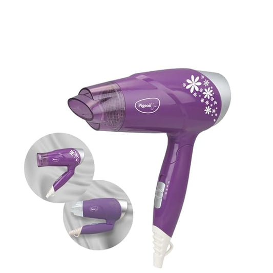 Pigeon Hair Dryer| 1400 Watts| 3 Speed & Temperature With Cool Shot (Hot/Cool/Warm)| Foldable Handle| For Women and Men| 2 Years Warranty| Purple